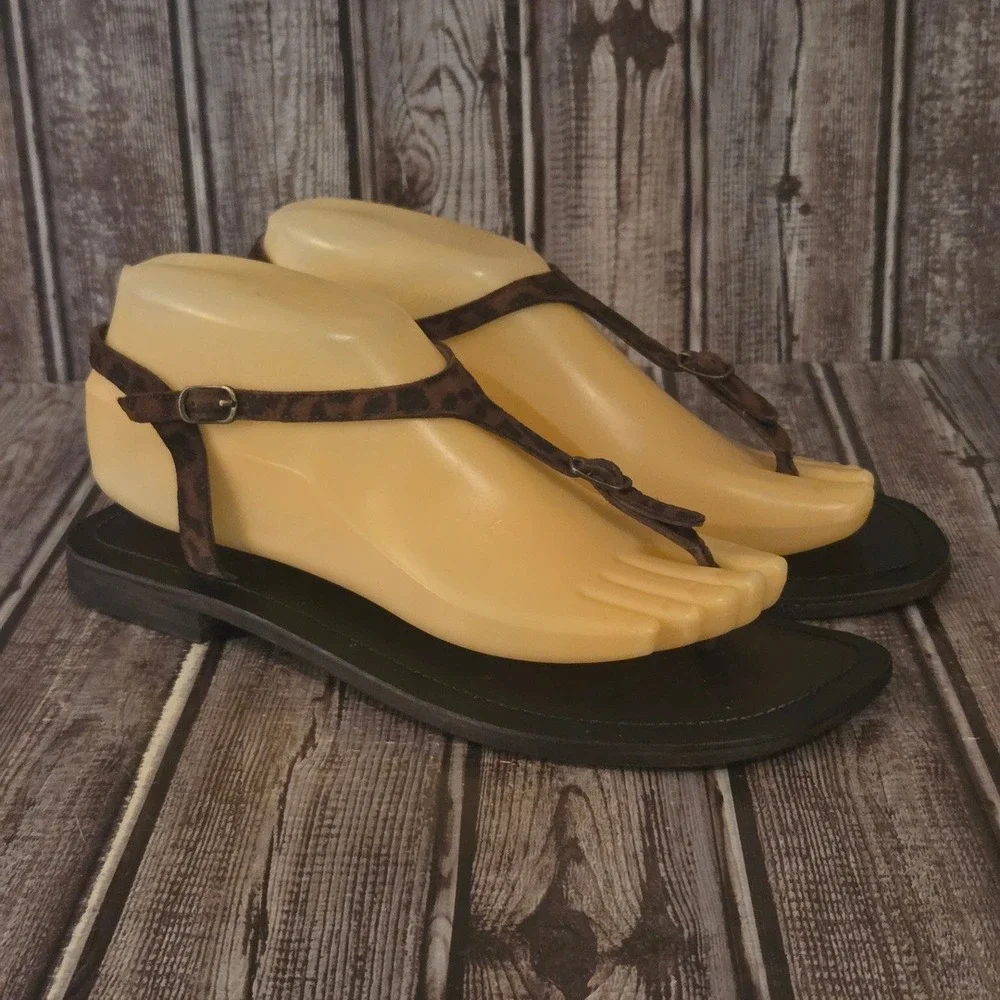 Sz 7.5 Women Free People Alina Brown Leopard Print T-Strap Thong Sandals VGUC! - Picture 4 of 10